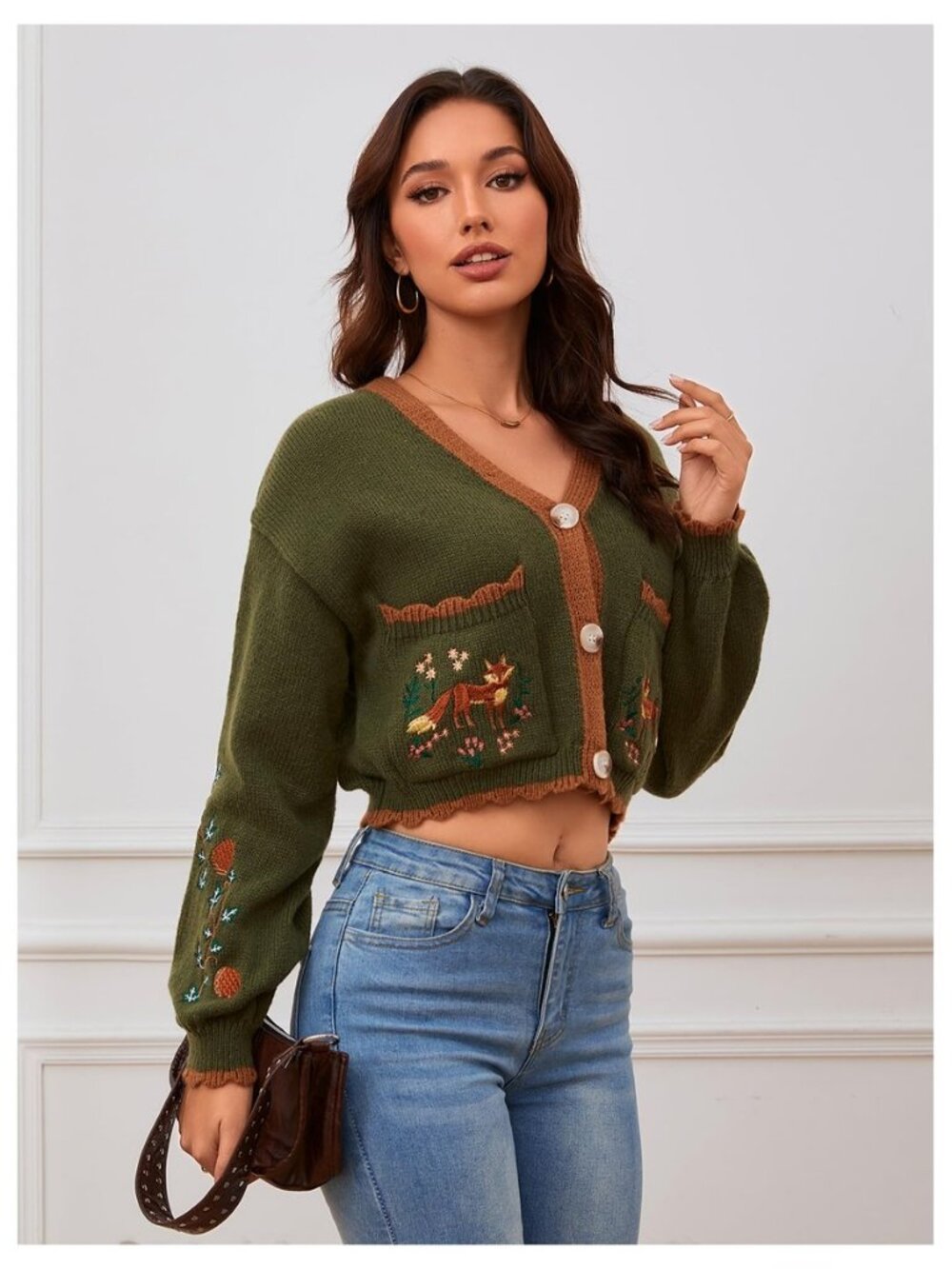 Women's Fall Cropped Cardigans Cottage Core Button Up Boho Sweater - Picture 4 of 8